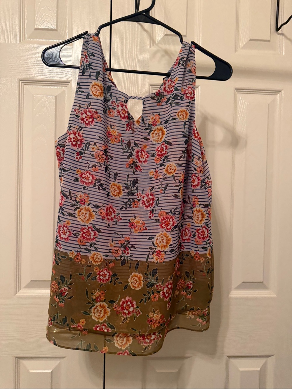 CAbi Floral Striped Sleeveless Camisole in White, Olive & Red